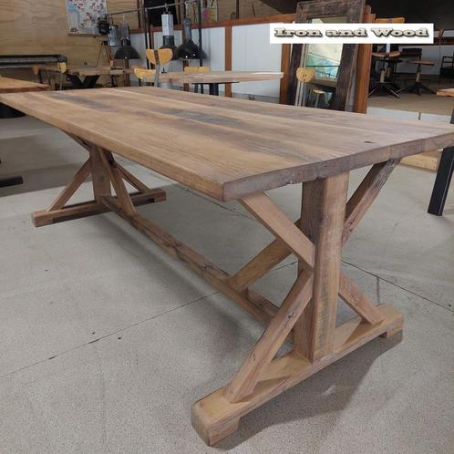 Oud eiken wagonplanken kloostertafel- kruispoottafel op maat, Huis en Inrichting, Keuken | Keukenbenodigdheden, Nieuw, Ophalen