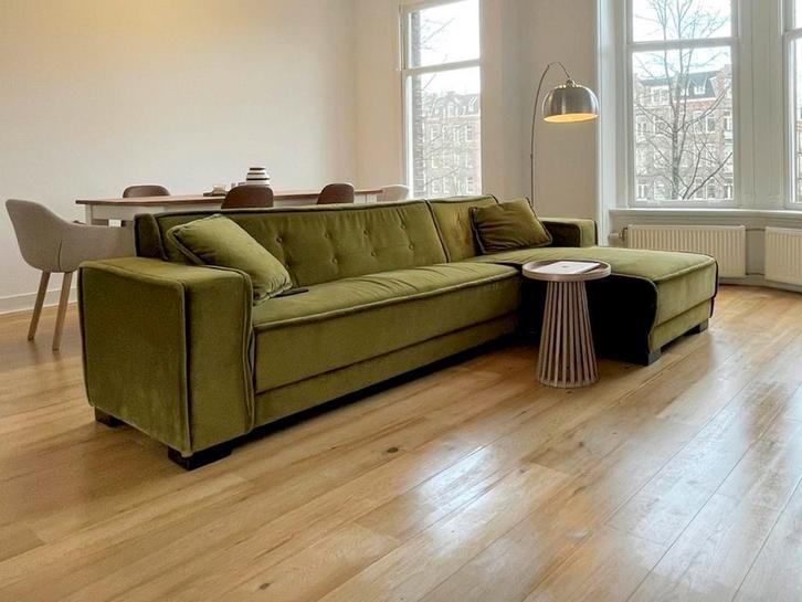 Vintage Groene Velvet Hoekbank - 260cm, Huis en Inrichting, Banken | Bankstellen, Gebruikt, Hoekbank, Vierpersoons of meer, 250 tot 300 cm