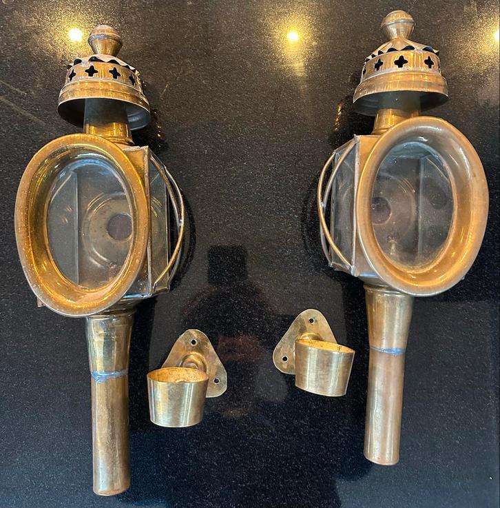 2 Antieke Koperen Koetslamp met Houders, Antiek en Kunst, Antiek | Lampen, Ophalen of Verzenden