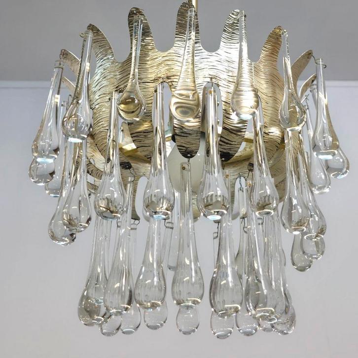 Brustalist Palwa Kroonluchter pegels Jaren 60, Huis en Inrichting, Lampen | Kroonluchters, Gebruikt, Glas, Metaal, Ophalen of Verzenden