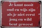 Oud wijs jong en wild reclamebord van metaal wandbord deco, Info@deconoord.nl, Deco Noord, Nieuw, Ophalen of Verzenden