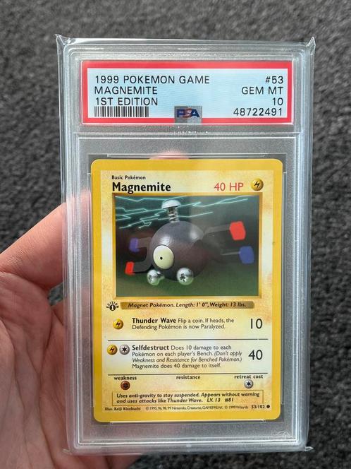 Pokémon PSA 10 1st edition Magnemite #53 Base set, Hobby en Vrije tijd, Verzamelkaartspellen | Pokémon, Zo goed als nieuw, Losse kaart