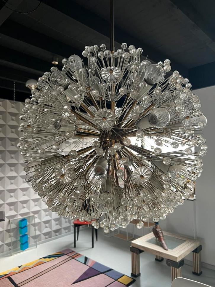 Vintage design messing glazen kroonluchter jaren 60, Huis en Inrichting, Lampen | Kroonluchters, Gebruikt, Glas, Metaal, Ophalen