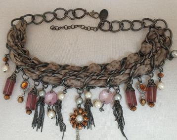 Gave choker ketting stof - bedels rose bordeaux bruin parels