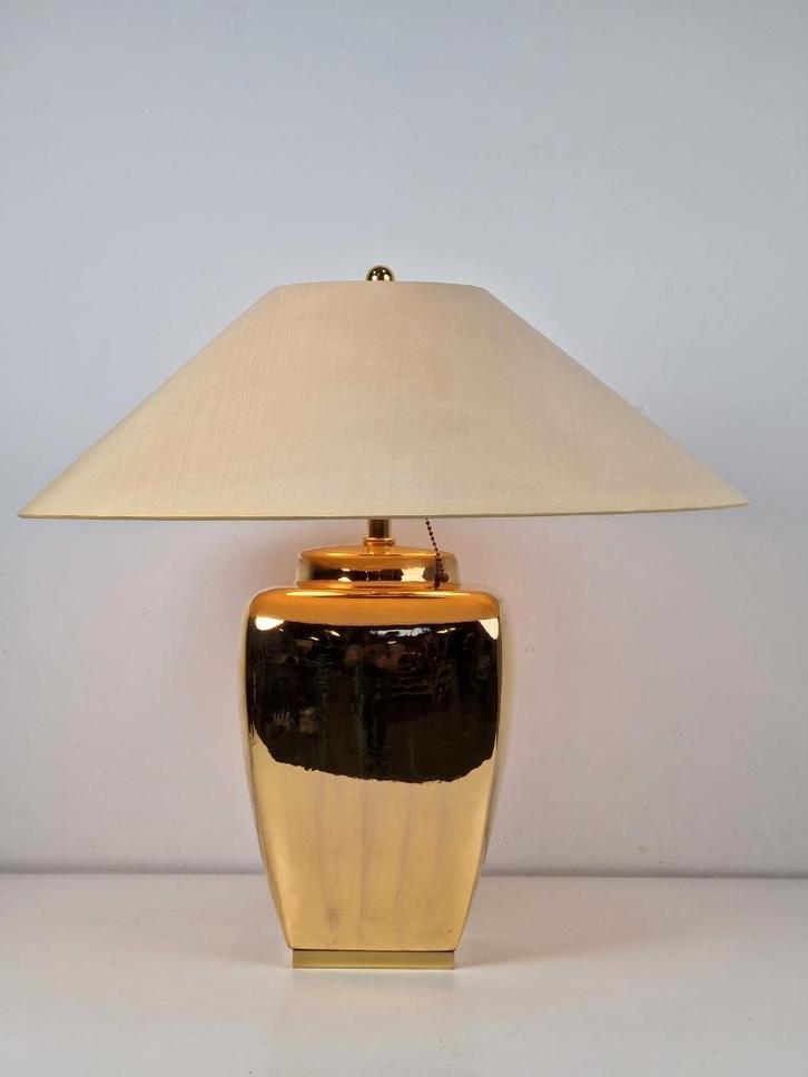 Vintage Asia Fitz tafellamp bladgoud Germany 1980 Japandi, Huis en Inrichting, Lampen | Tafellampen, Gebruikt, 50 tot 75 cm, Metaal