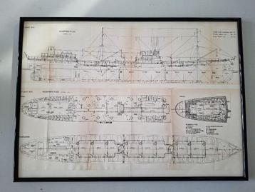 ingelijst diagram ontwerptekening schip vrachtschip jaren 50 beschikbaar voor biedingen