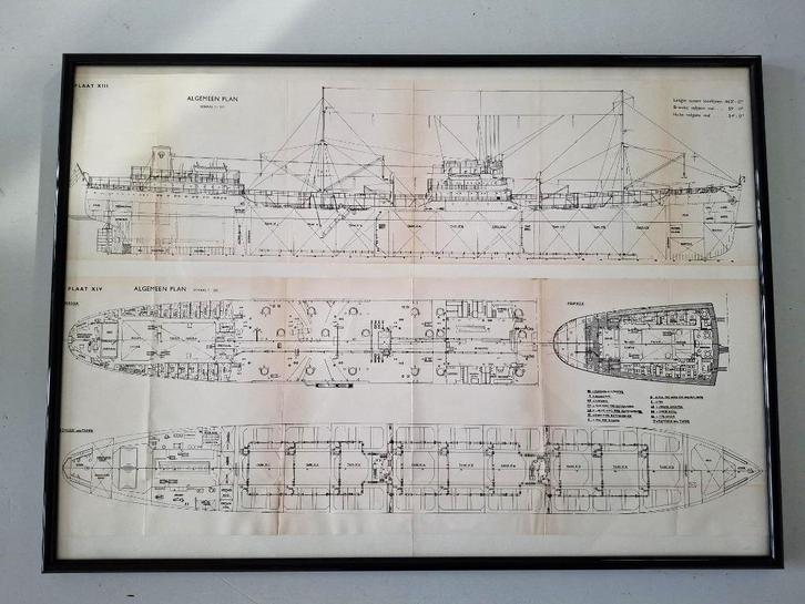 ingelijst diagram ontwerptekening schip vrachtschip jaren 50, Verzamelen, Scheepvaart, Gebruikt, Kaart, Foto of Prent, Motorboot