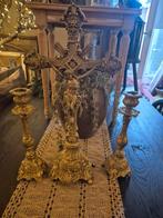 Geel koperen crucifix kandelaar set, Antiek en Kunst, Ophalen of Verzenden