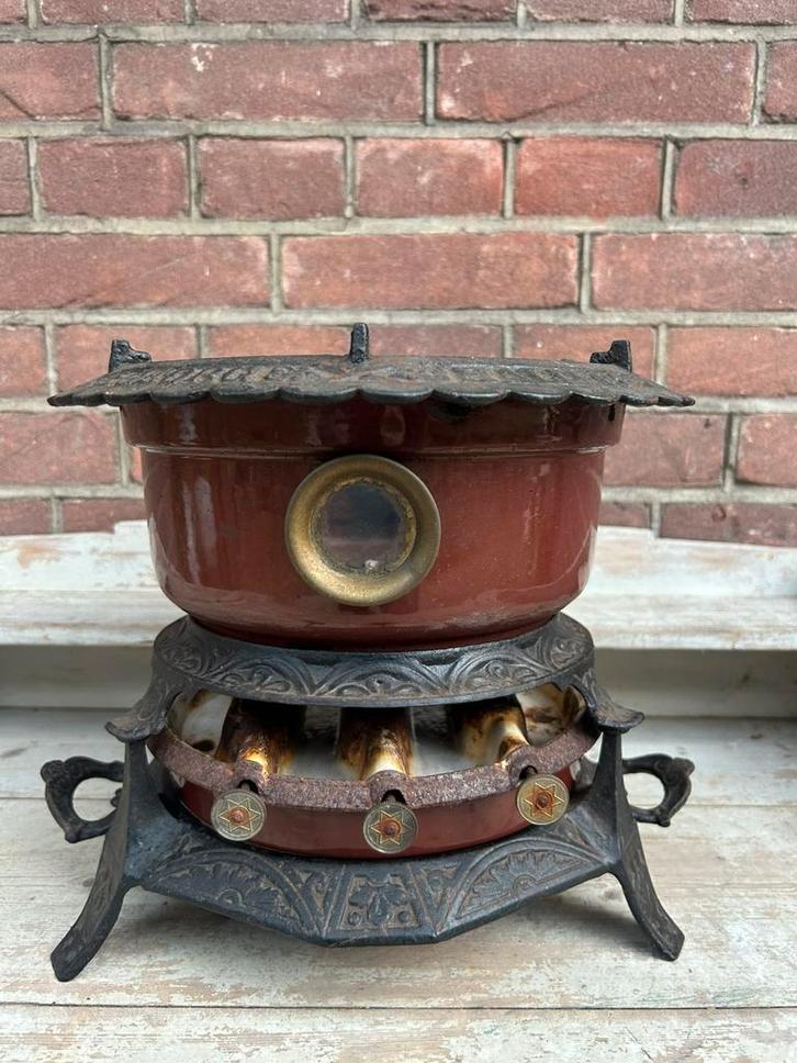 Petroleumstel / oliestel 3 pits bruin emaille - gietijzer, Antiek en Kunst, Antiek | Emaille, Ophalen of Verzenden