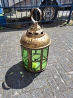 Licht koperen windlicht met groen glas., Ophalen