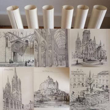 6x lithografieën kerk kathedraal W.E. Nesfield A. Newman beschikbaar voor biedingen