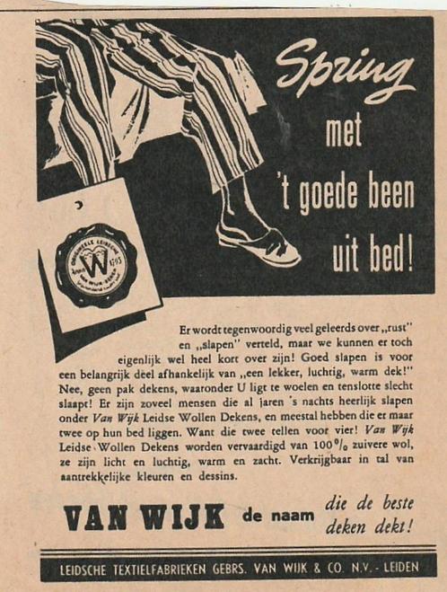 retro reclame 1949 Van Wijk Leiden wollen dekens goede been, Verzamelen, Retro, Overige typen, Verzenden