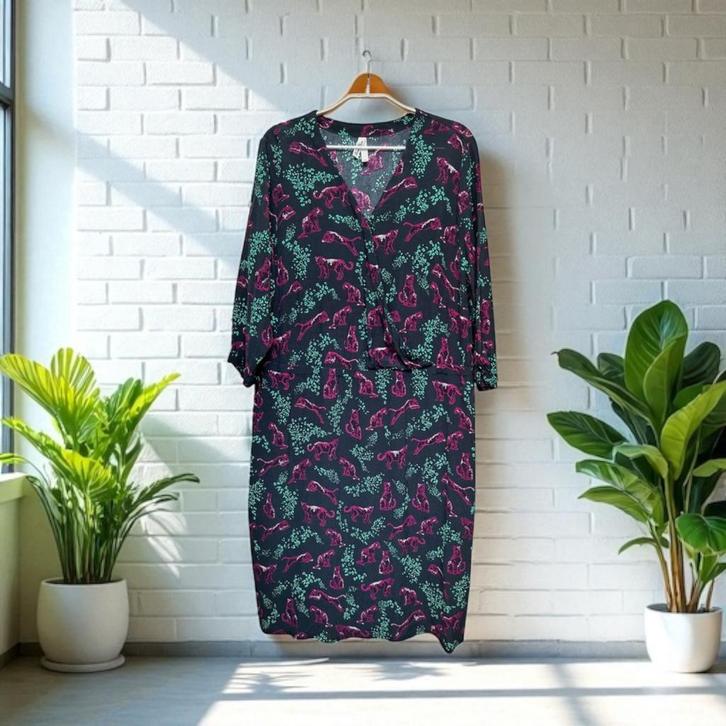 Miss Etam Jurk Maat XXL Zwart Tijger Panter Print Midi, Kleding | Dames, Jurken, Zo goed als nieuw, Maat 46/48 (XL) of groter