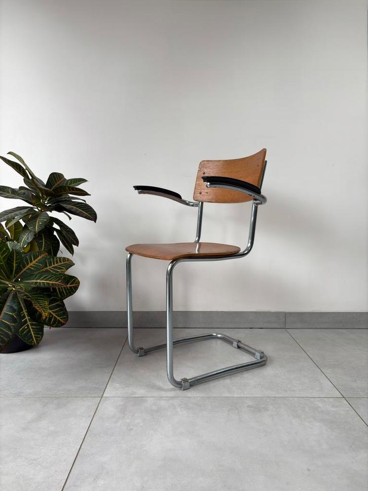 Vintage Bauhaus Buisframe Stoel Gispen, Huis en Inrichting, Stoelen, Zo goed als nieuw, Eén, Hout, Metaal, Overige kleuren, Ophalen