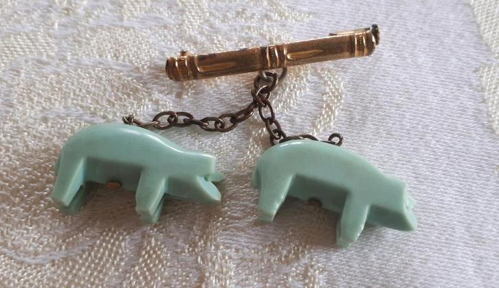 Art Deco Broche met 2 Bakelieten Varkentjes. GRATIS Verz., Sieraden, Tassen en Uiterlijk, Antieke sieraden, Broche, Overige materialen