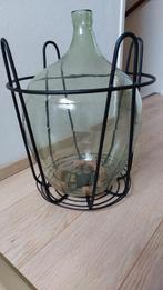 Groene glazen vaas in zwarte stalen mand, Ophalen, Nieuw, Glas, Minder dan 50 cm