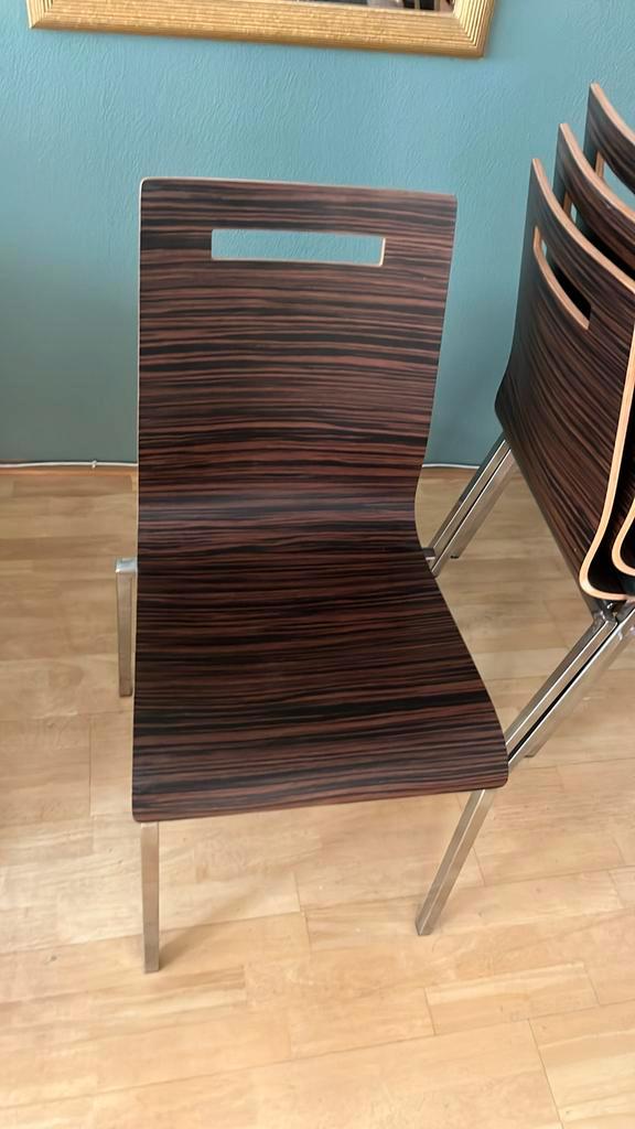 Zebra print eettafel stoelen, prijs voor 4 stoelen, Huis en Inrichting, Stoelen, Zo goed als nieuw, Vier, Hout, Bruin, Ophalen of Verzenden