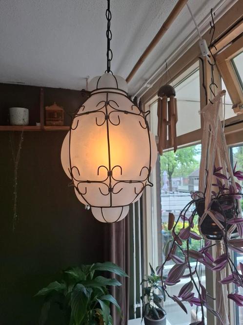 Grote vintage Venetiaanse hanglamp, matglas, Huis en Inrichting, Lampen | Hanglampen, Gebruikt, Minder dan 50 cm, Glas, Metaal