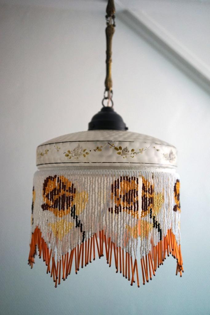Art Deco Kralen Hanglamp Vintage Bohemian glas messing roos, Antiek en Kunst, Antiek | Lampen, Ophalen of Verzenden