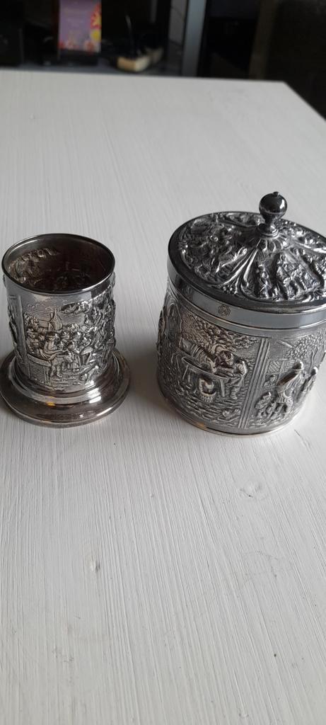 Verzilverde DE theebus en theelepelhouder, Antiek en Kunst, Antiek | Goud en Zilver, Ophalen of Verzenden