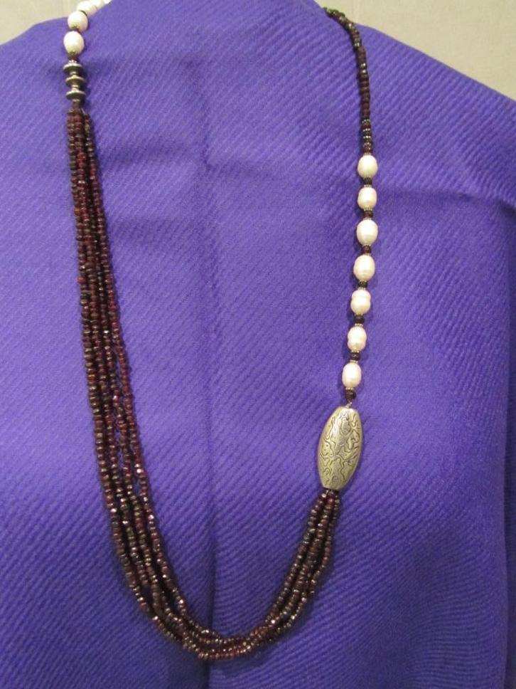 Heel lang snoer granaatjes, zilver, parels, Sieraden, Tassen en Uiterlijk, Kettingen, Nieuw, Overige materialen, Ophalen of Verzenden