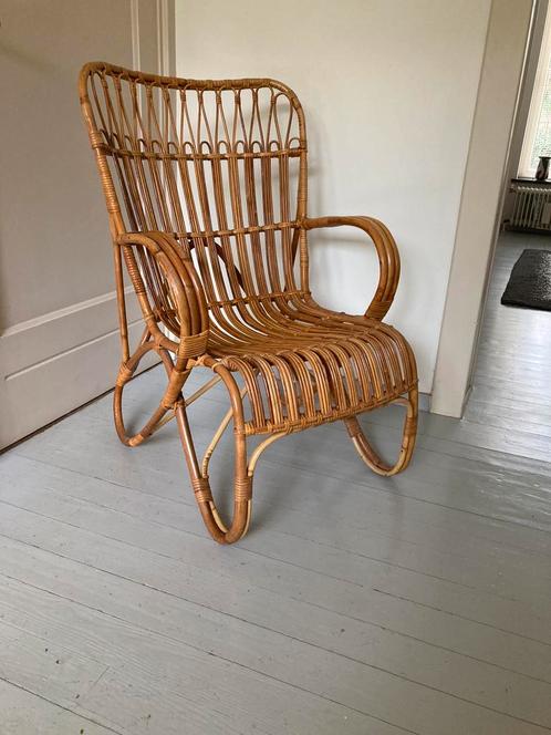 Vintage Rotan Jaren '60 Dirk van Sliedrecht Belse 8 Fauteuil, Huis en Inrichting, Fauteuils, Zo goed als nieuw, Riet of Rotan