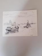 pentekening Bart Peizel v riviergezicht bij Dordrecht. 1959, Ophalen of Verzenden