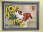 Grappig schilderij olieverf op doek hond zonnebloemen, Antiek en Kunst, Ophalen of Verzenden