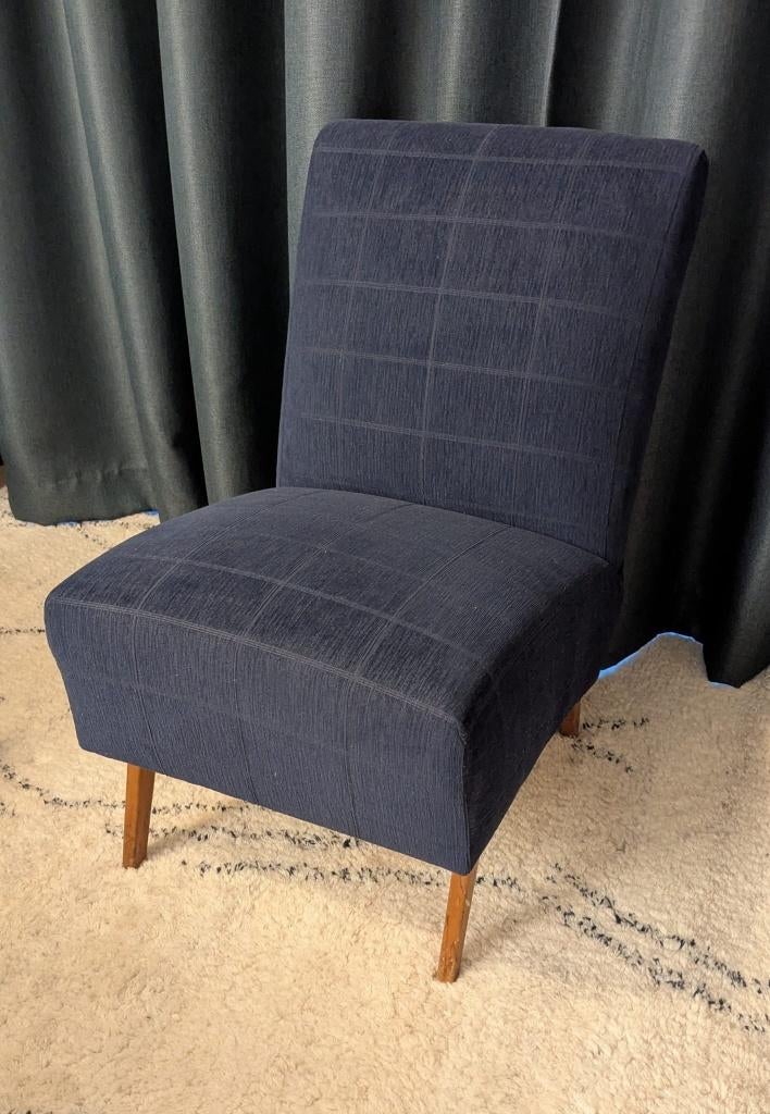 Vintage donkerblauwe fauteuil zonder armleuningen, Huis en Inrichting, Fauteuils, Ophalen, Gebruikt, Minder dan 75 cm, Vintage