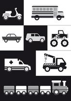 Poster voertuigen zwart-wit A4 jongen kinderkamer auto's, Verzenden, Nieuw, A4 of kleiner, Rechthoekig Staand