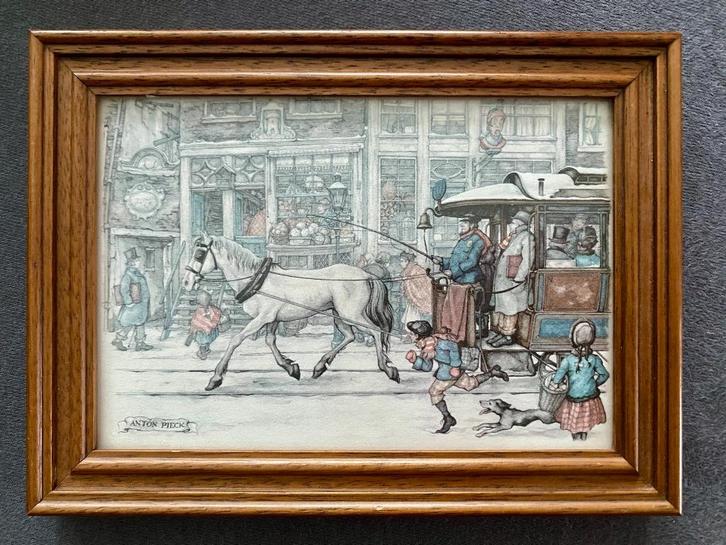 Kleurenprent Anton Pieck: paardentram in stadsgezicht, Antiek en Kunst, Kunst | Tekeningen en Foto's, Ophalen of Verzenden