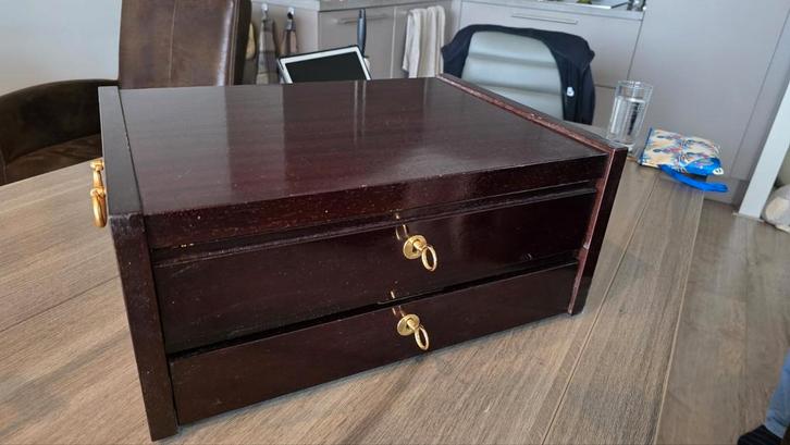 Robbe & Berking zilveren bestekcassette in mahonie kist, Huis en Inrichting, Woonaccessoires | Kisten, Gebruikt, Minder dan 50 cm