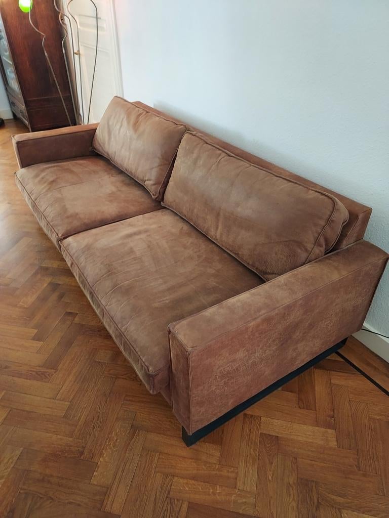 Prachtige cognac leren bank - 2.35m breed, comfortabel, Ophalen, Gebruikt, 100 tot 125 cm, Driepersoons