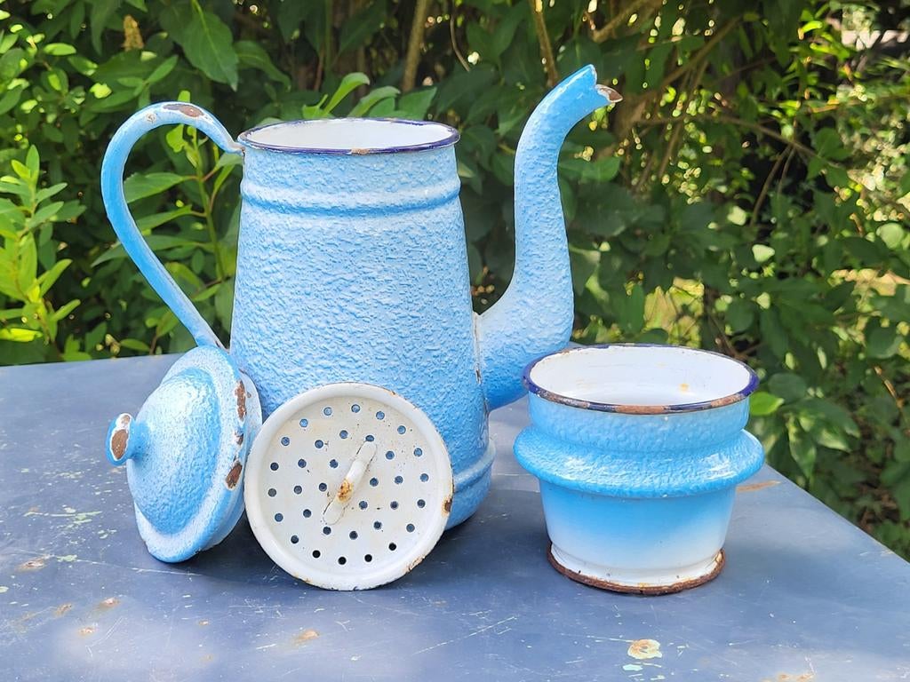 Brocante Franse emaille koffiepot  / allegonda, Antiek en Kunst, Antiek | Emaille, Ophalen of Verzenden