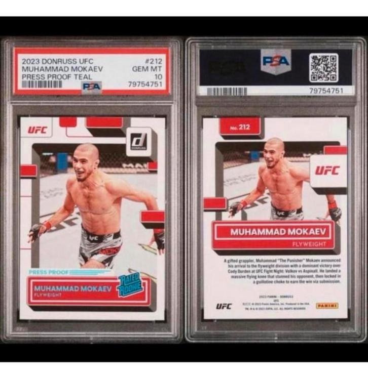 Psa-10 2023 DONRUSS UFC MUHAMMAD MOKAEV PRESS PROOF TEAL, Verzamelen, Sportartikelen en Voetbal, Nieuw, Spelerskaart, Overige sporten