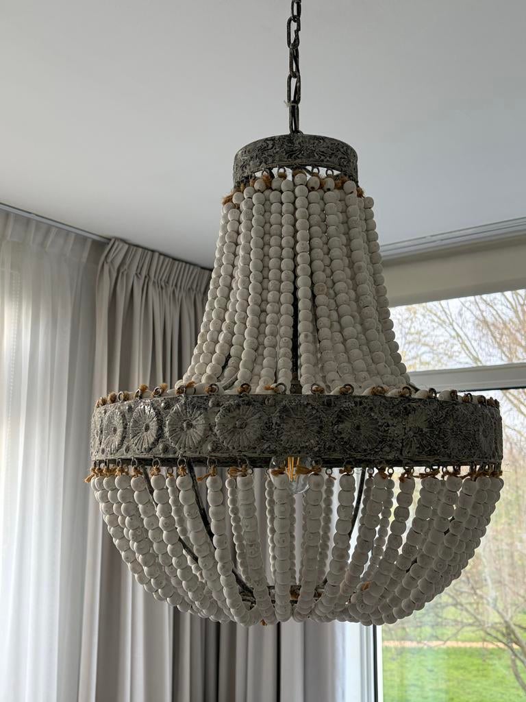 Hanglamp met houten kralen, Huis en Inrichting, Lampen | Hanglampen, Ophalen, Gebruikt, Hout, 50 tot 75 cm