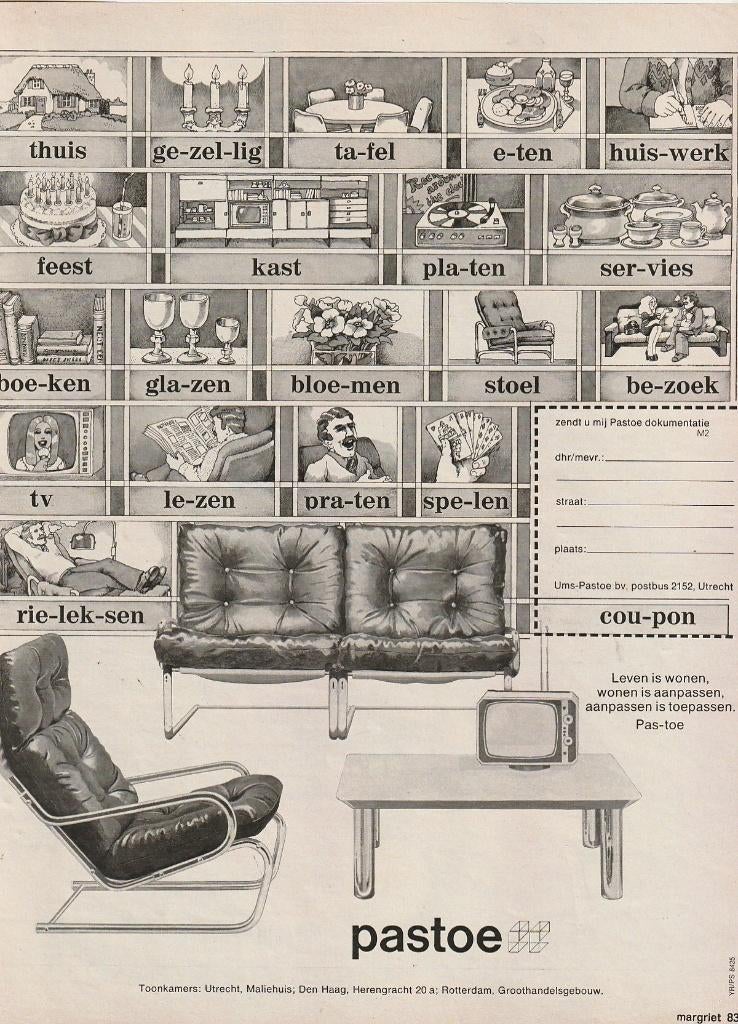 Retro reclame 1974 Pastoe Utrecht rie-lek-sen leesplankje, Verzenden, Overige typen