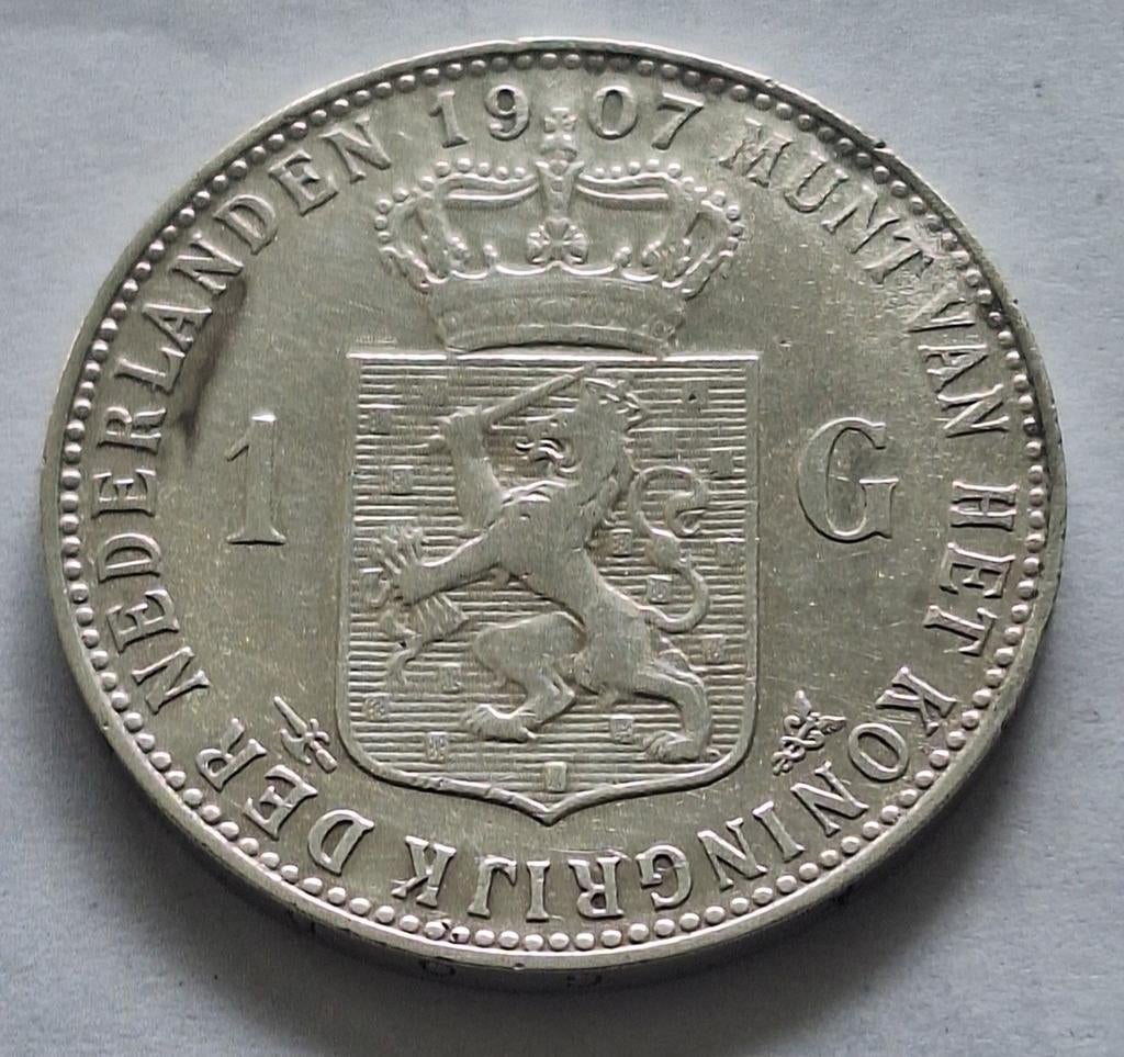 Gulden Wilhelmina 1907 zilver, Postzegels en Munten, Munten | Nederland, 1 gulden, Zilver, Ophalen of Verzenden, Koningin Wilhelmina