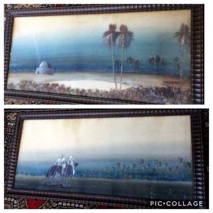 2 Schilderijen Woestijn - Arabieren - Palmen 25 bij 51,5 cm, Ophalen of Verzenden