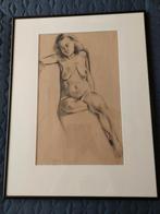 Oude tekening van naaktmodel, ingelijst, Antiek en Kunst, Kunst | Tekeningen en Foto's, Ophalen of Verzenden