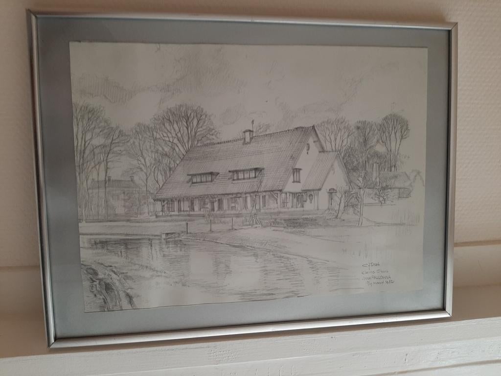 Ingelijste tekening dorpsgezicht Kleine Sluis Anna Paulowna, Ophalen of Verzenden