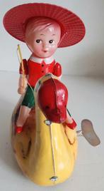 Blikken gans met celluloid popje met opdraaisleuteltje, Ophalen of Verzenden