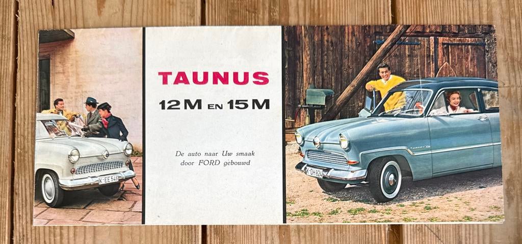 Uitvouwbare folder Ford Taunus 12M en 15M 1959, Ophalen of Verzenden, Gelezen, Ford