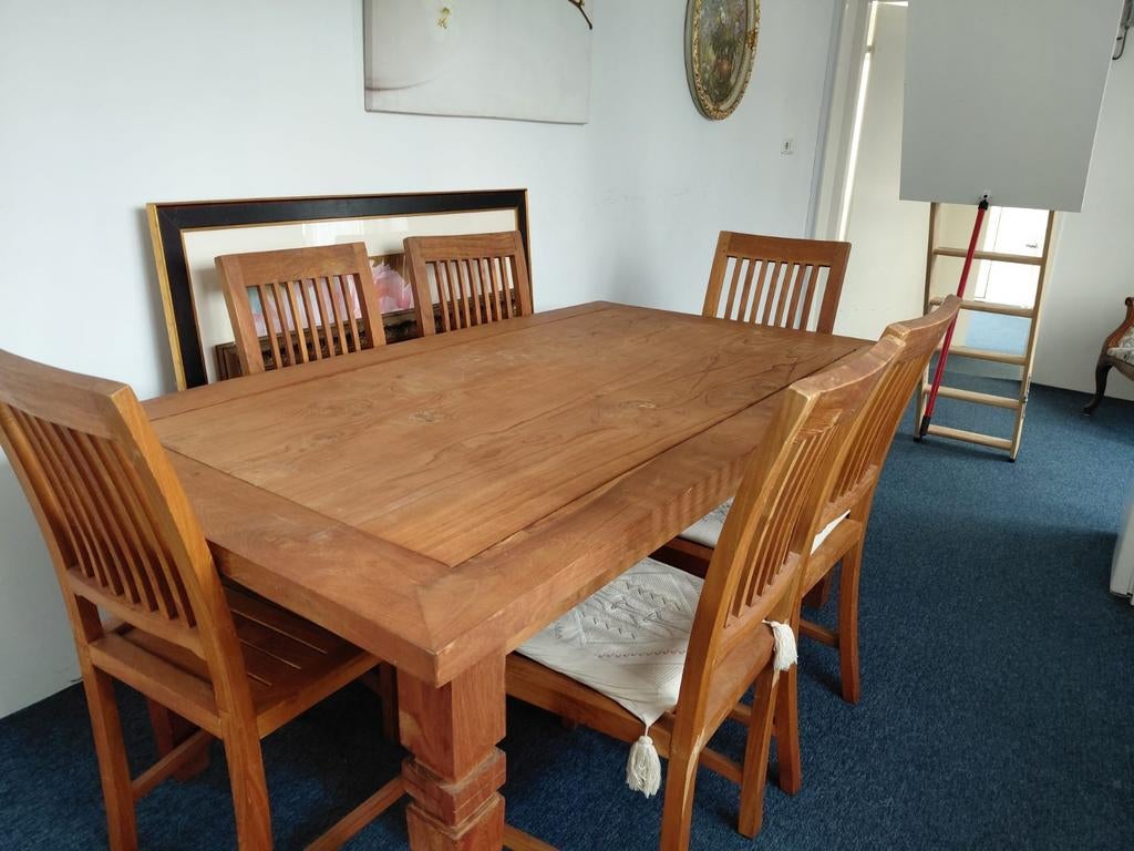 Teak houten eethoek eettafel met 6 stoelen, Huis en Inrichting, Tafels | Eettafels, Ophalen of Verzenden