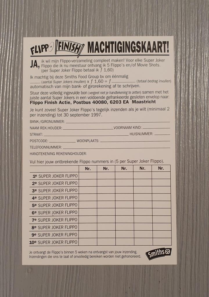 Flippo Finish Machtigingskaart uit de jaren 90, Verzamelen, Flippo's, Ophalen of Verzenden, Looney Tunes, Losse flippo's