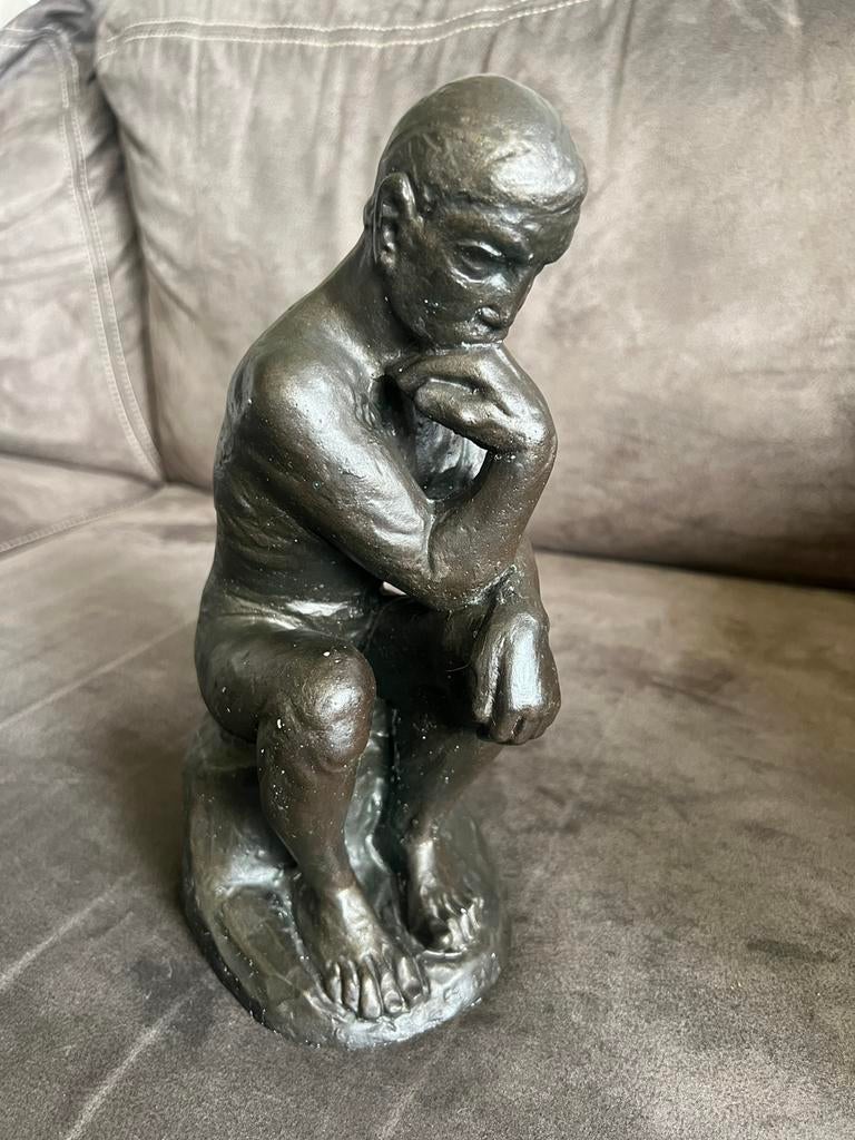 Vintage Naakt Beeld De Denker Resin Hars., Natuurlijk materiaal, Handgemaakt, Ophalen of Verzenden, 20 - 50 cm