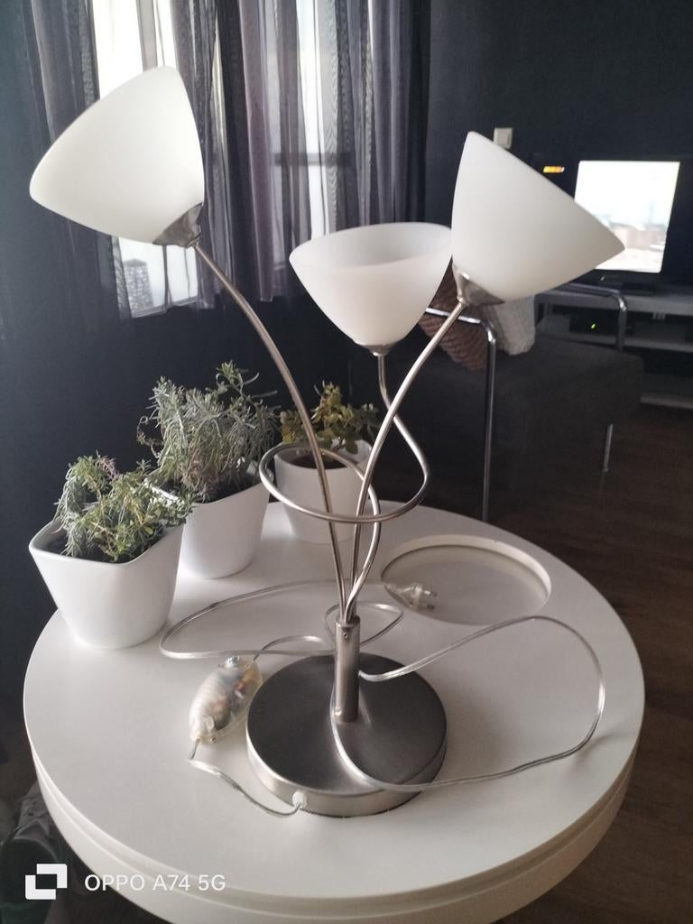 Vintage Halogeen Tafellamp met 3 Kelken en Dimmer, Ophalen, Gebruikt, Vintage, Glas