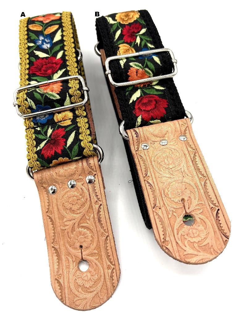 Gitaarband leer Stof025 roze geel zwart barok bohemian, Verzenden, Nieuw, Akoestische gitaar