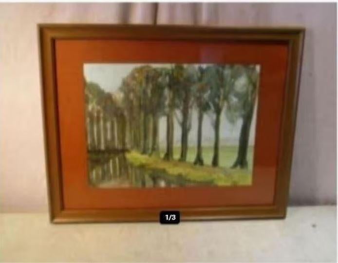 Mooi Geschilderd Aquarel 'Rivier met Bomen' - Y Bodequin, Ophalen of Verzenden