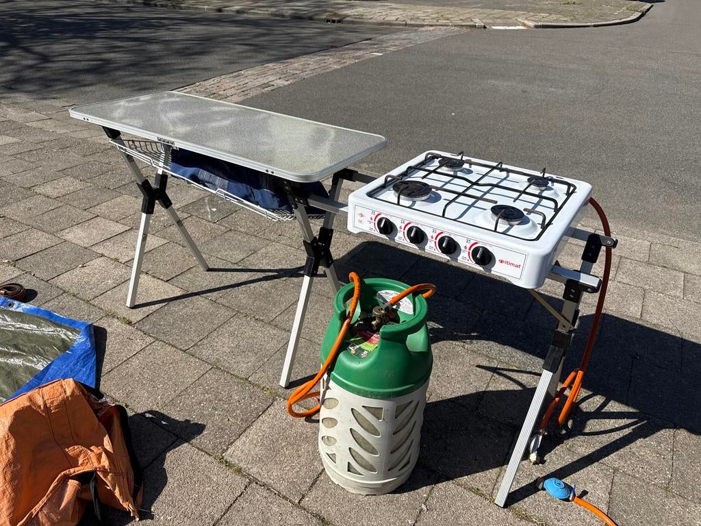 Campingkeuken met gasfornuis, gasfles en gordijntjes, Ophalen of Verzenden, Gebruikt